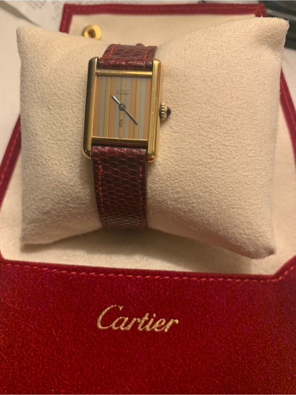 Les must de Cartier 18kt Gold-Tone Rectangular Watch with Burgundy Lizard Strap